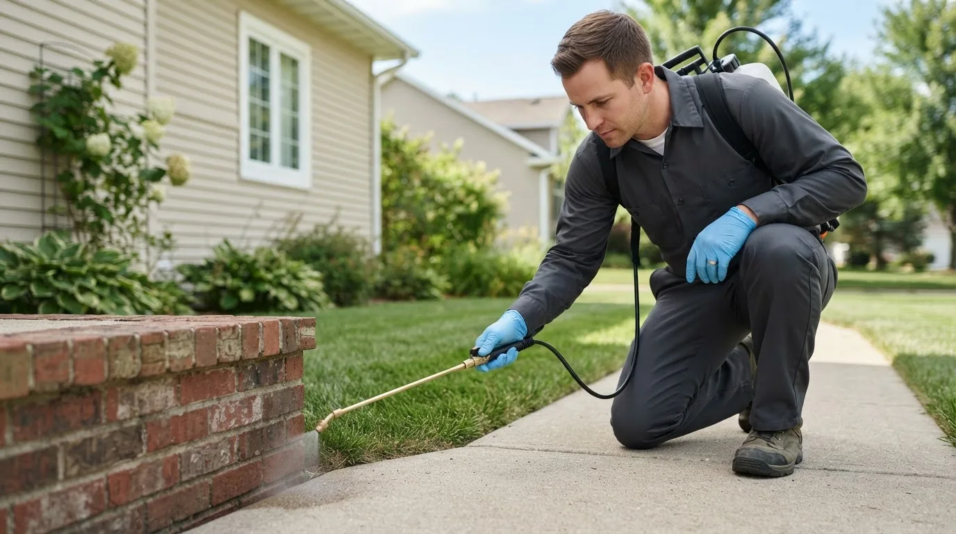 Pest control technician treating a home near Northfield, OH